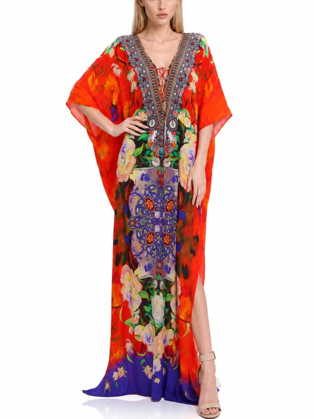 Shahida Parides Red Floral Kaftan Maxi Dress Wedding Guest Resort Caftan